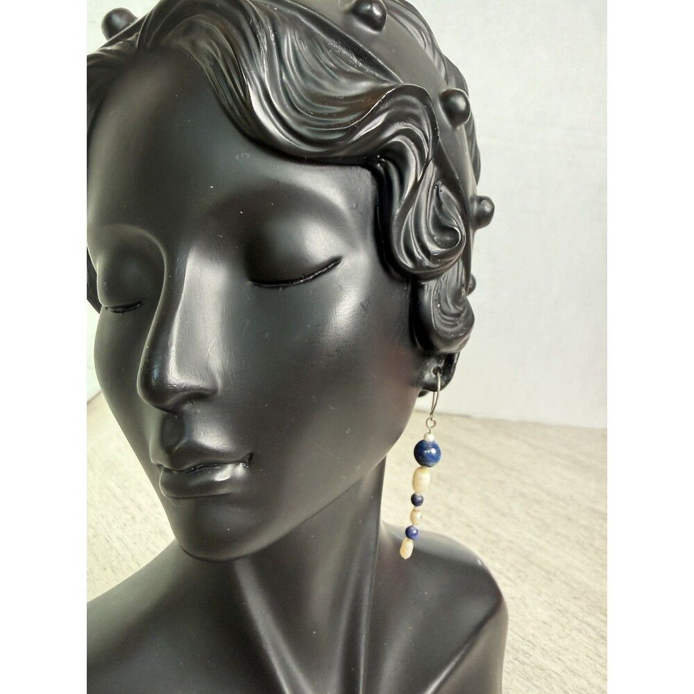 Lapis Lazuli & Freshwater Pearls Drop Earrings Silver Tone Alternating Beads